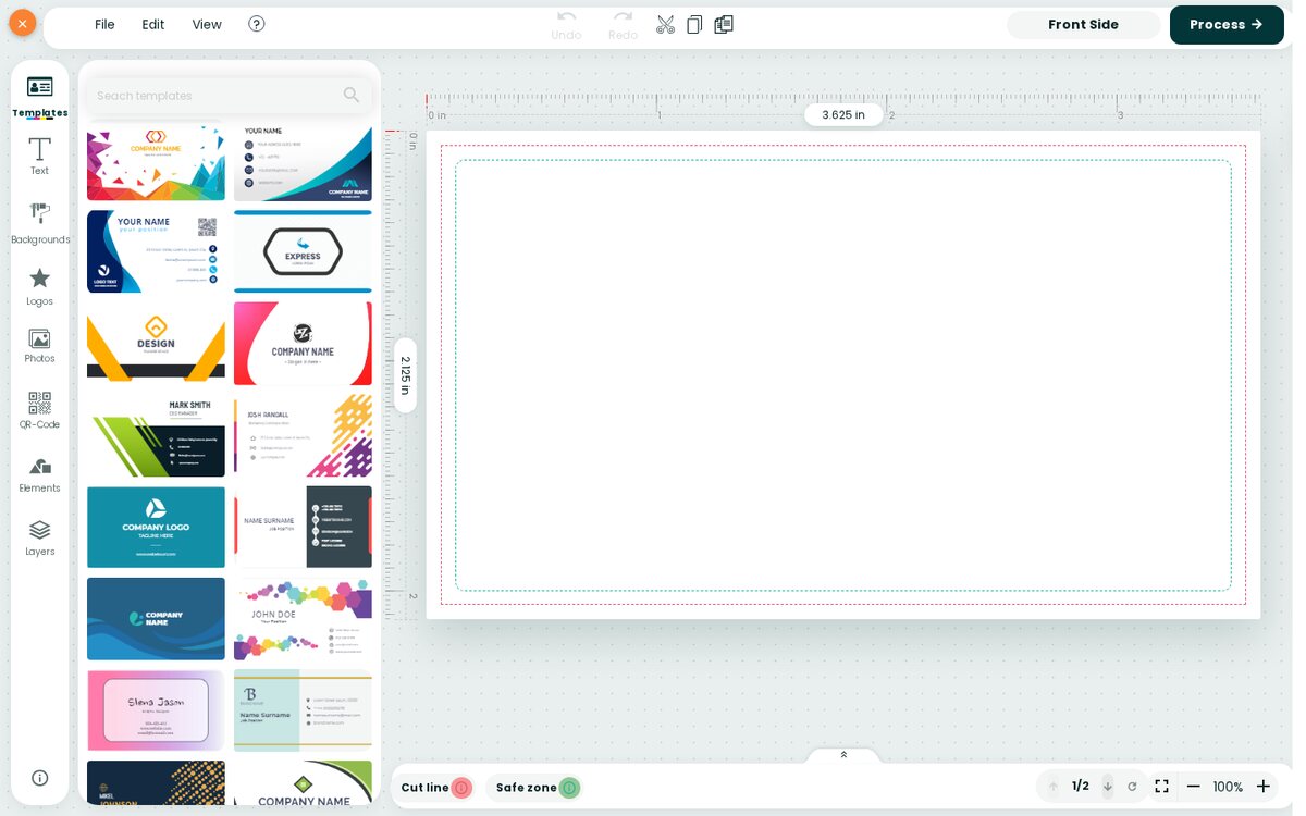 The online designer with a two-sided business card: templates on the left, the card with its cut line and safe zone in the middle