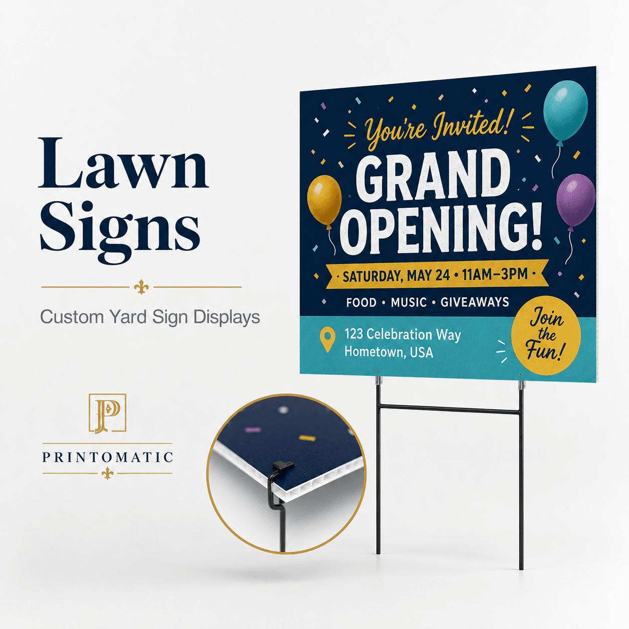Custom Lawn Signs Printing | Printomatic Custom lawn signs printed in full colour on durable corrugated plastic with optional ground stakes by Printomatic.