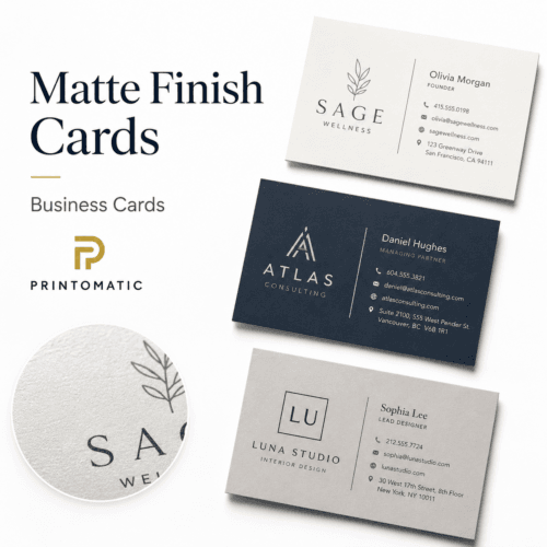Custom matte business cards with smooth non-gloss finish and vibrant full-colour printing by Printomatic.