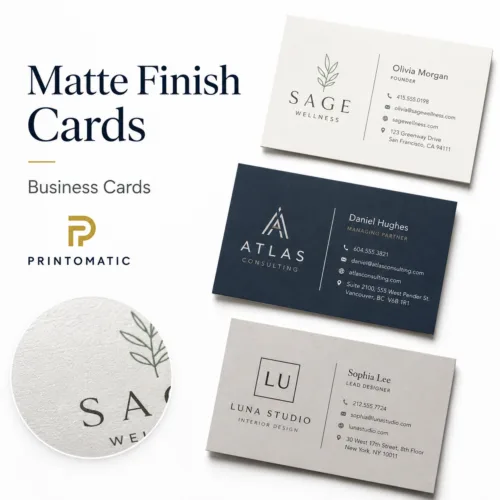 Custom matte business cards with smooth non-gloss finish and vibrant full-colour printing by Printomatic.
