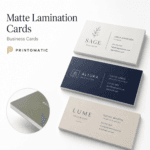 Custom matte laminated business cards with a smooth soft-touch protective finish and vibrant full-colour printing by Printomatic.