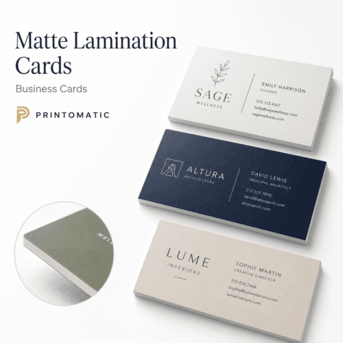 Custom matte laminated business cards with a smooth soft-touch protective finish and vibrant full-colour printing by Printomatic.