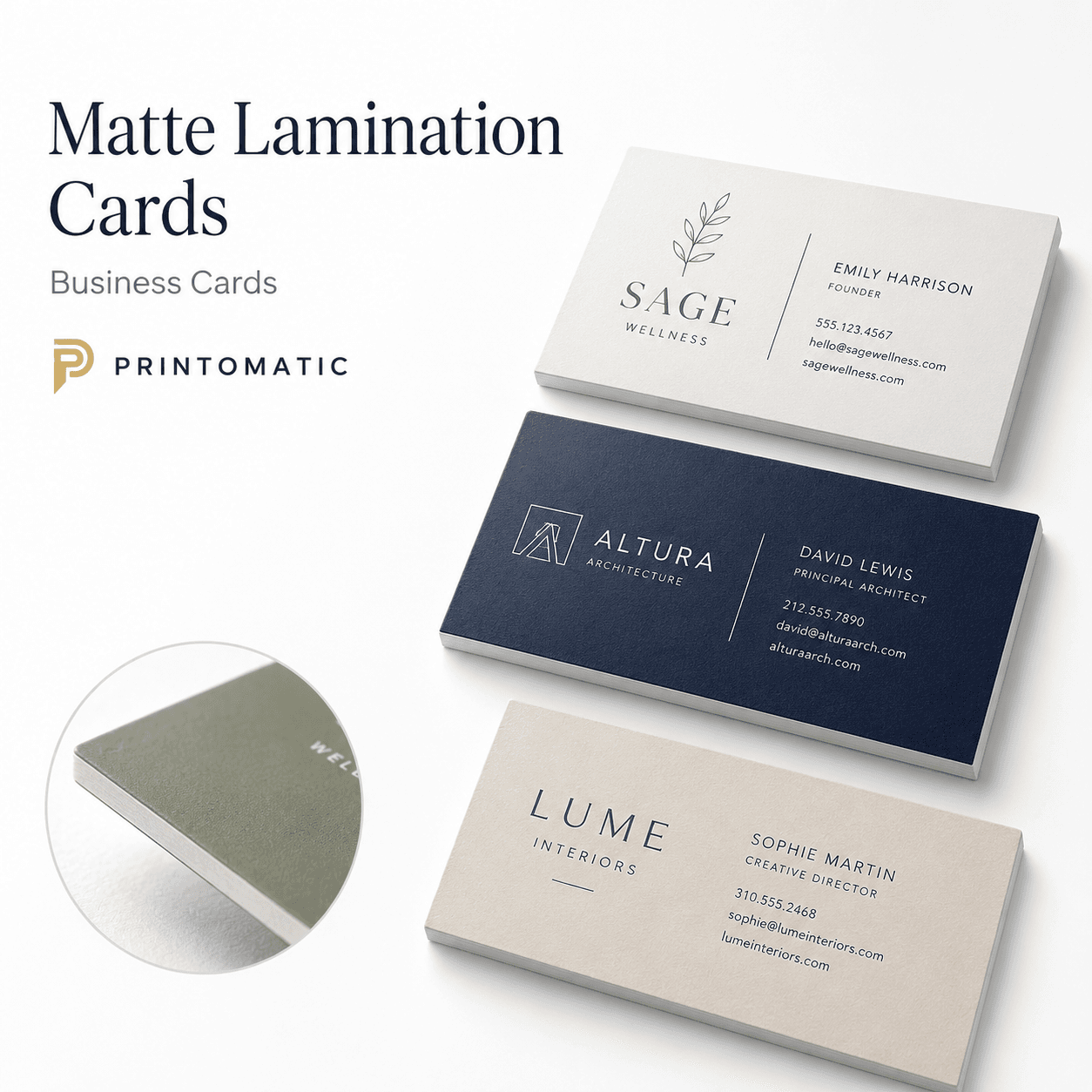 Custom Matte Lamination Business Cards Printing | Printomatic Custom matte laminated business cards with a smooth soft-touch protective finish and vibrant full-colour printing by Printomatic.