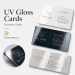 Custom UV gloss business cards with a shiny coated finish and vibrant full-colour printing by Printomatic.