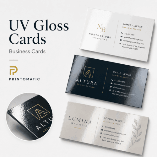 Custom UV gloss business cards with a shiny coated finish and vibrant full-colour printing by Printomatic.