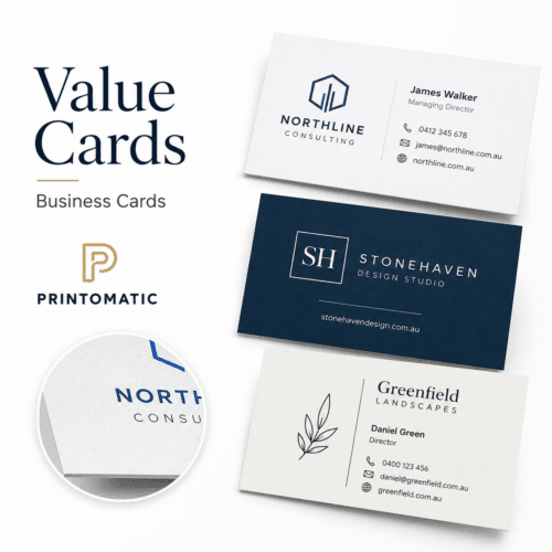 Affordable custom value business cards printed in full colour with a clean, professional finish by Printomatic.