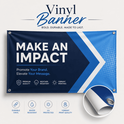 Custom vinyl banner printed in vibrant full colour on durable flexible banner material for indoor and outdoor advertising by Printomatic.