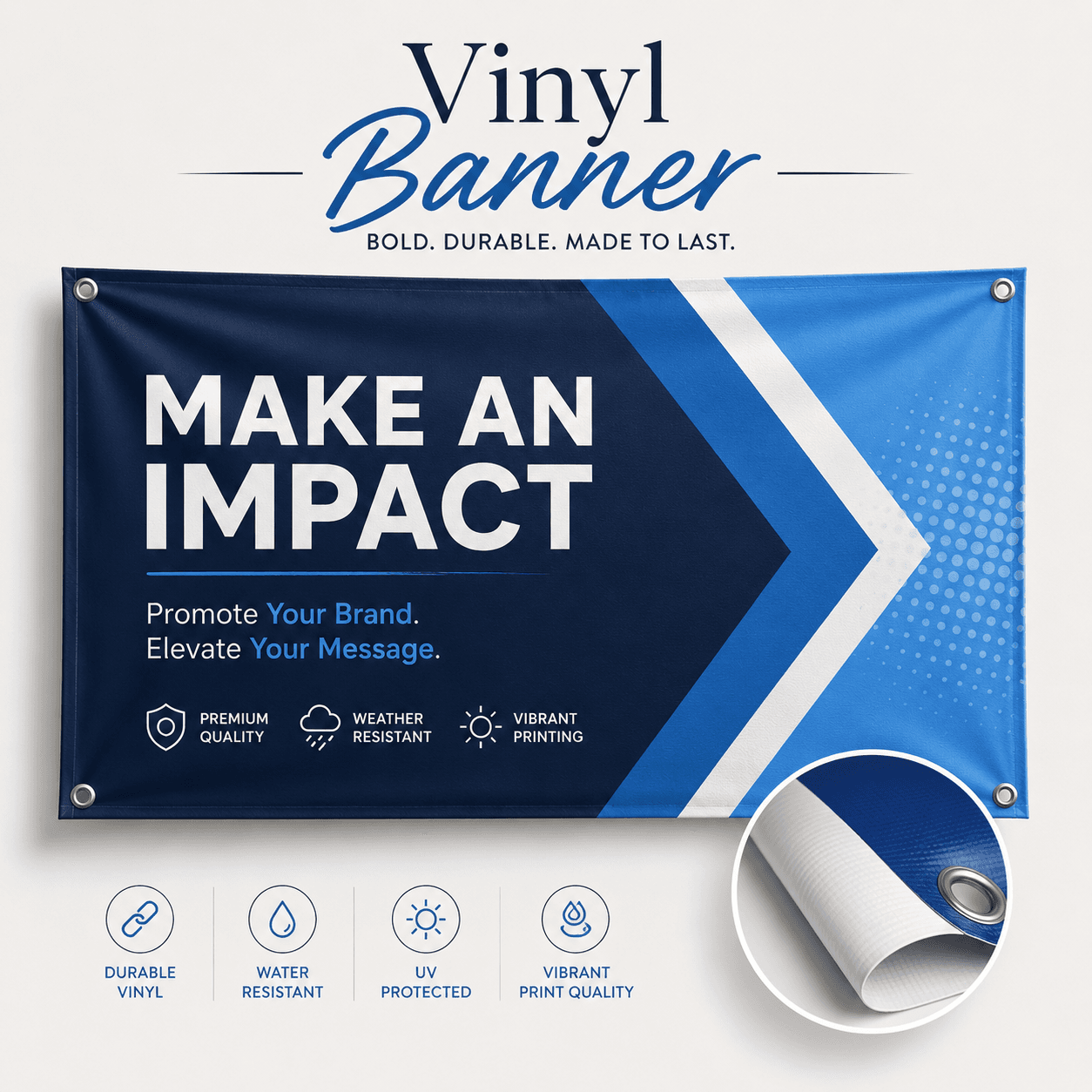 Custom vinyl banner printed in vibrant full colour on durable flexible banner material for indoor and outdoor advertising by Printomatic.