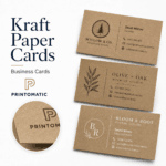 Custom kraft paper business cards printed on natural brown stock with a rustic, eco-friendly finish by Printomatic.