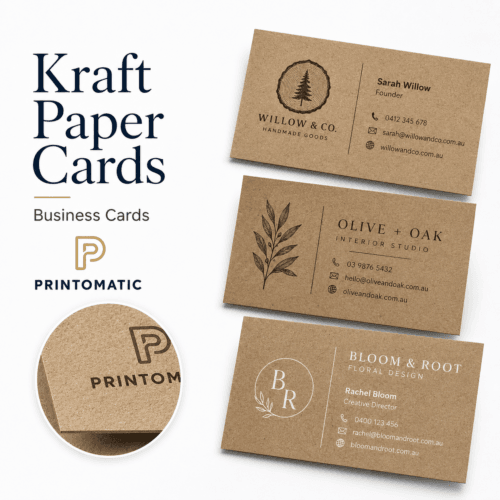 Custom kraft paper business cards printed on natural brown stock with a rustic, eco-friendly finish by Printomatic.