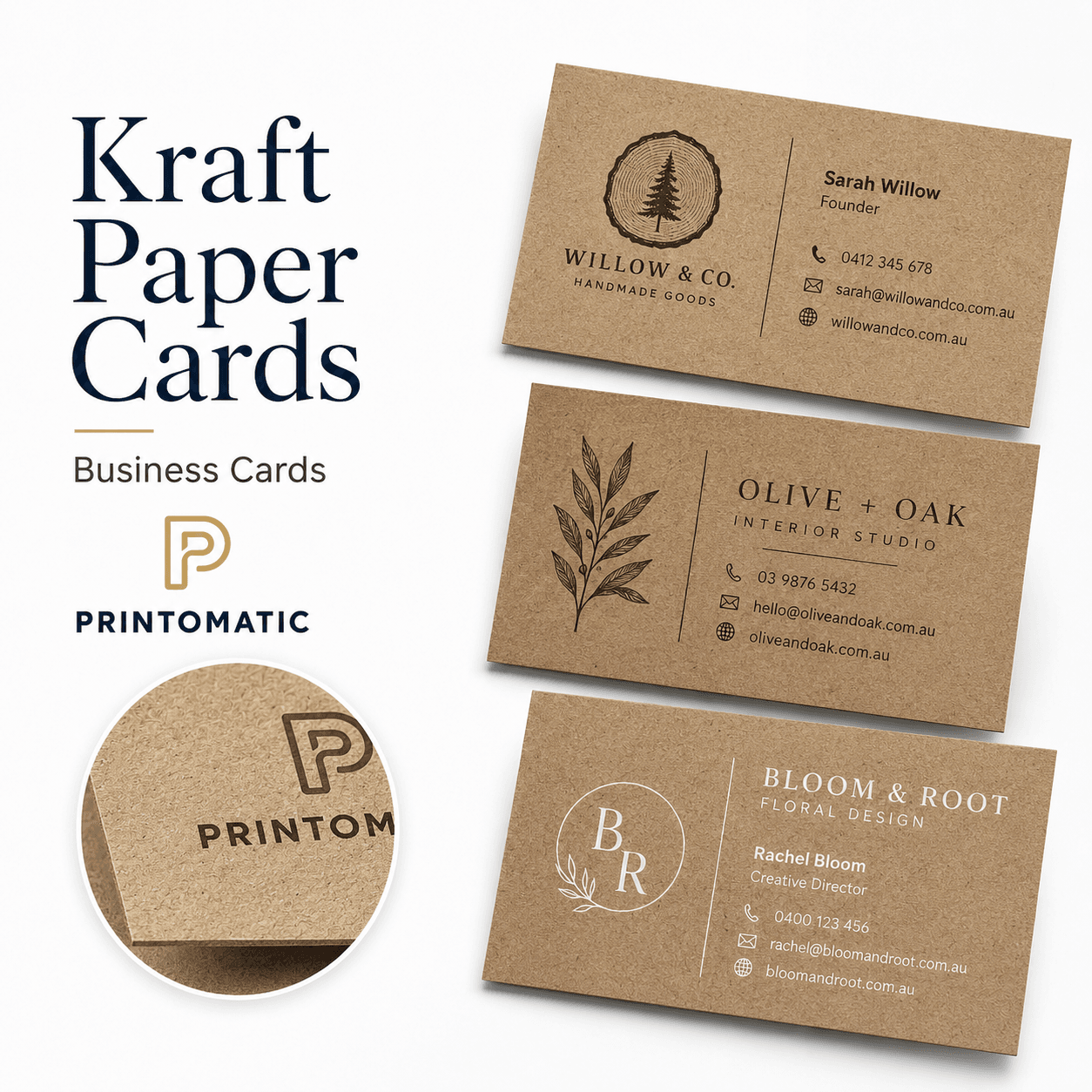 Custom Kraft Paper Business Cards Printing | Printomatic Custom kraft paper business cards printed on natural brown stock with a rustic, eco-friendly finish by Printomatic.