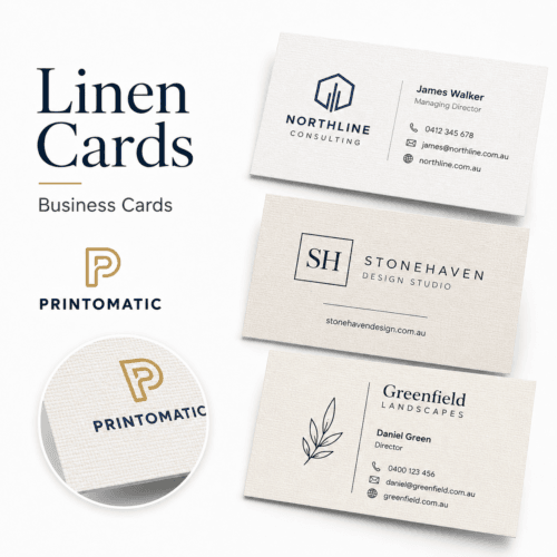 Custom linen business cards printed on elegant textured cardstock with a premium professional finish by Printomatic.