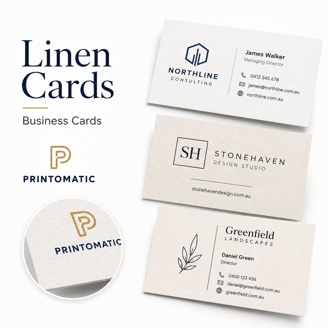 Custom Linen Business Cards Printing | Printomatic Custom linen business cards printed on elegant textured cardstock with a premium professional finish by Printomatic.
