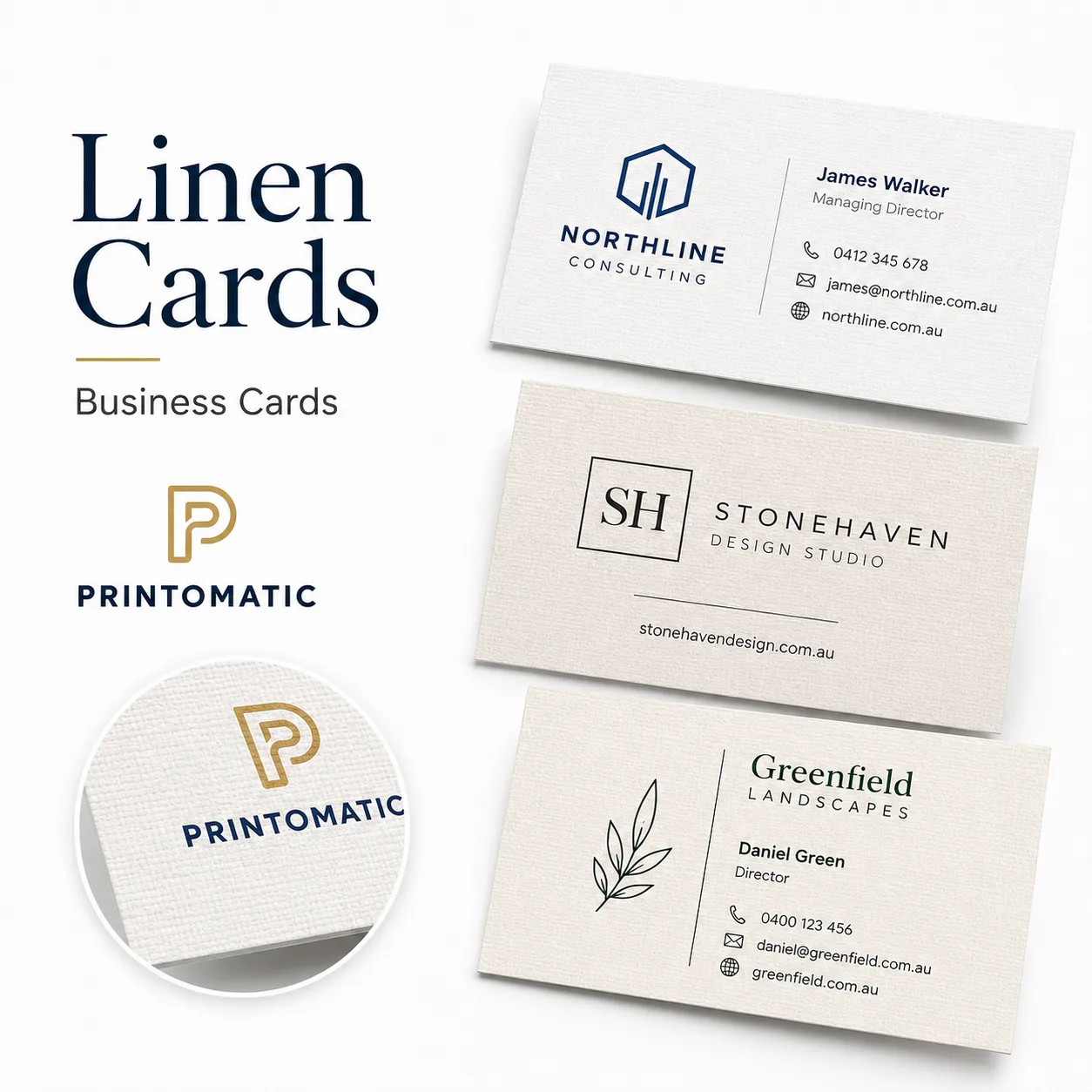 Custom Linen Business Cards Printing | Printomatic Custom linen business cards printed on elegant textured cardstock with a premium professional finish by Printomatic.