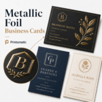 Custom metallic foil business cards with shiny foil accents and premium full-colour printing by Printomatic.