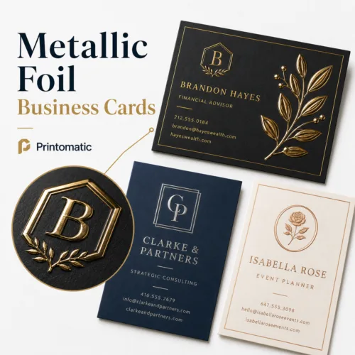 Custom metallic foil business cards with shiny foil accents and premium full-colour printing by Printomatic.