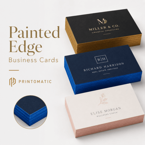 ustom painted edge business cards with premium thick cardstock and colourful painted edges by Printomatic.