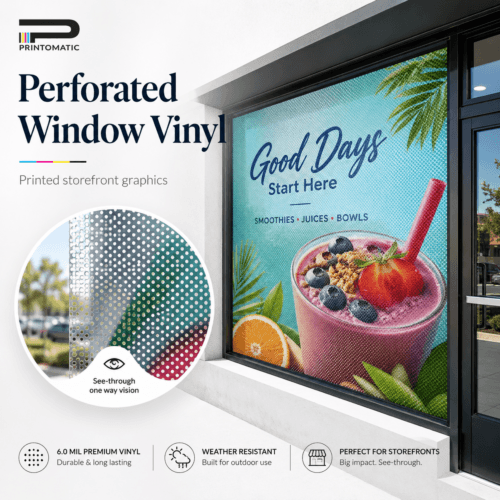Custom perforated window vinyl printed in vibrant full colour with one-way visibility for storefront glass by Printomatic.