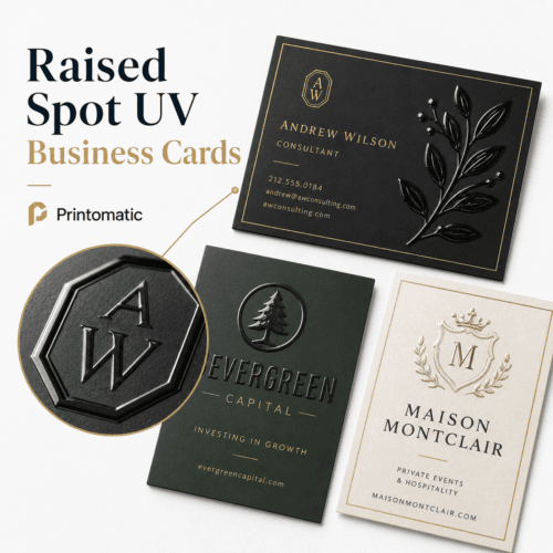 Custom raised Spot UV business cards with glossy elevated highlights on selected design areas by Printomatic.