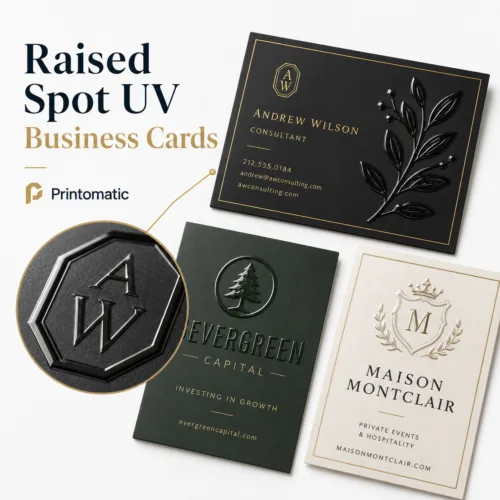 Custom raised Spot UV business cards with glossy elevated highlights on selected design areas by Printomatic.