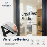 Custom vinyl lettering cut from durable adhesive vinyl for windows, walls, vehicles, signs, and business branding by Printomatic.