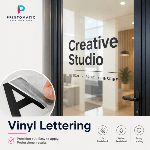 Custom vinyl lettering cut from durable adhesive vinyl for windows, walls, vehicles, signs, and business branding by Printomatic.