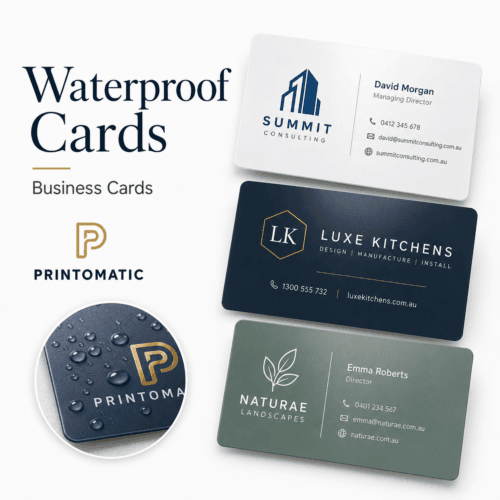 Custom waterproof plastic business cards with durable full-colour printing and a professional finish by Printomatic.