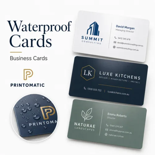 Custom waterproof plastic business cards with durable full-colour printing and a professional finish by Printomatic.