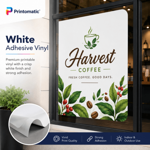 Custom self adhesive vinyl printed in vibrant full colour on durable adhesive material for signage, branding, and promotional applications by Printomatic.