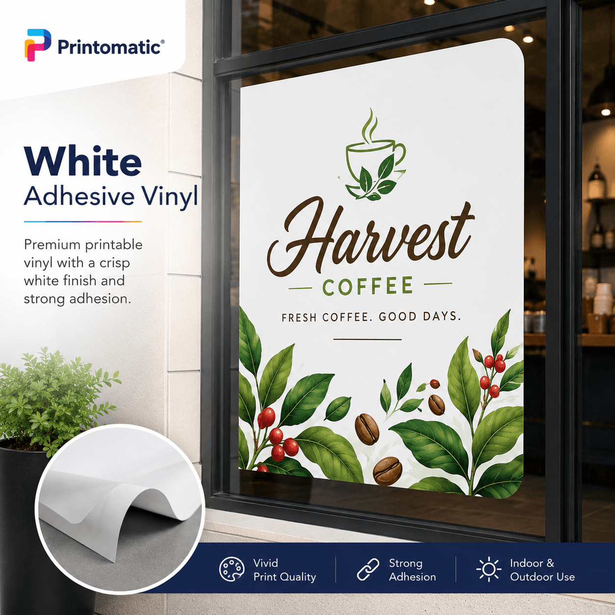 Custom self adhesive vinyl printed in vibrant full colour on durable adhesive material for signage, branding, and promotional applications by Printomatic.