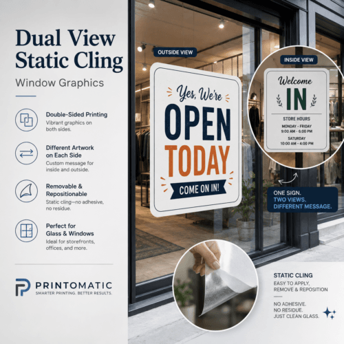 Custom dual view static cling printed with different full-colour graphics on each side for removable window displays by Printomatic.