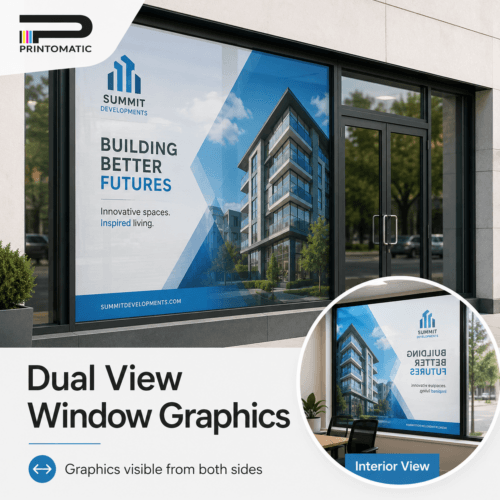 Custom dual view window graphics printed for displaying different full-colour designs on each side of glass by Printomatic.