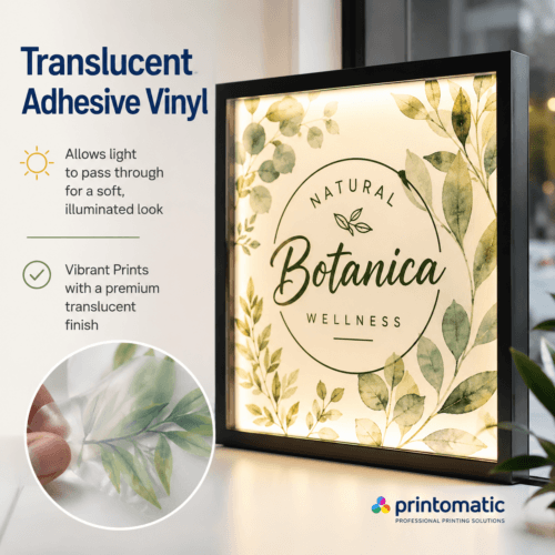 Custom translucent adhesive vinyl printed in vibrant full colour for illuminated signs, light boxes, and backlit window displays by Printomatic.