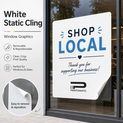 Custom white static cling printed in vibrant full colour on opaque cling material for windows and smooth glass surfaces by Printomatic.