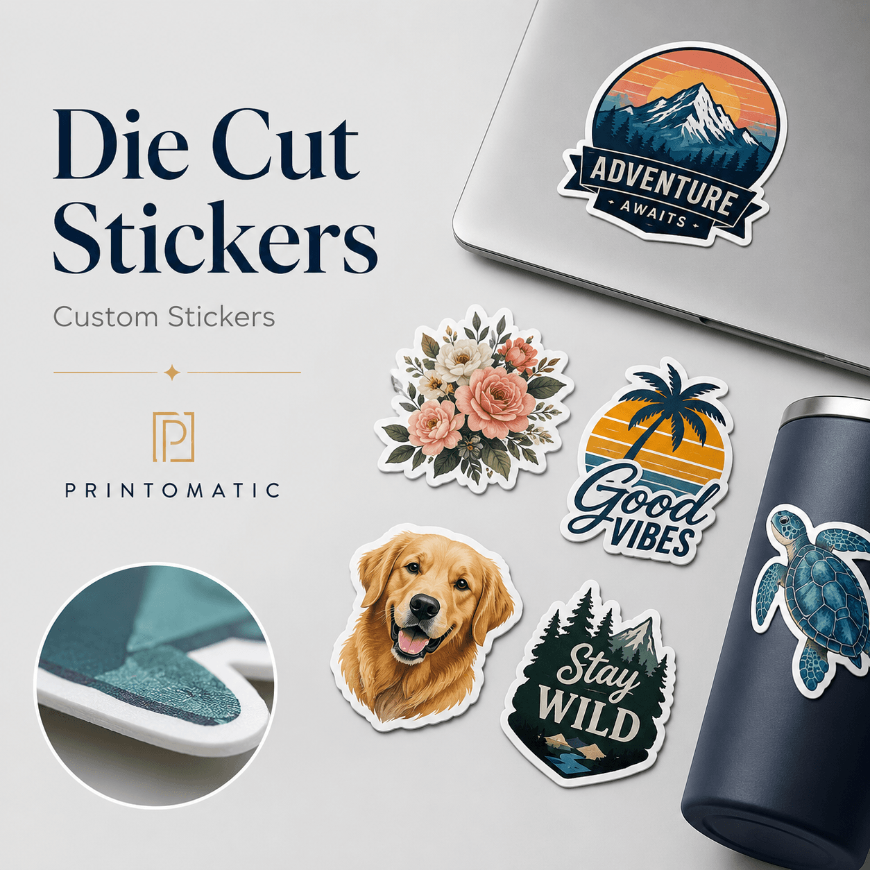 Custom die cut stickers cut to the exact shape of the design with vibrant full-colour printing by Printomatic.