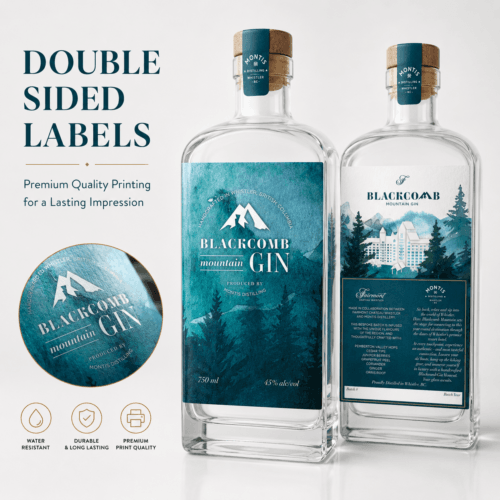 Custom double sided bottle label printing with front branding and back product information by Printomatic.