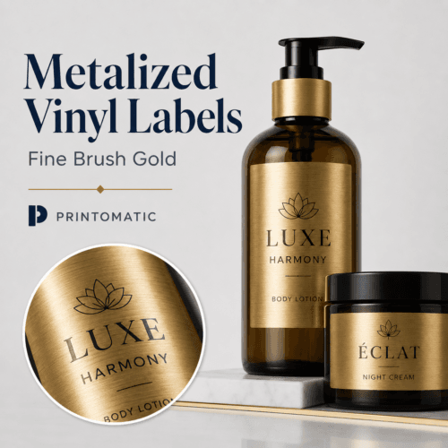 Custom gold brush metalized vinyl labels with a brushed metallic gold finish and full-colour printing by Printomatic.