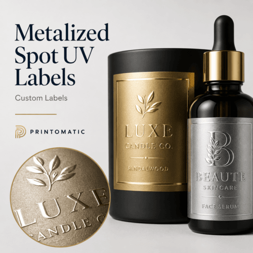Custom metalized Spot UV labels with a reflective metallic finish and glossy raised highlights by Printomatic.