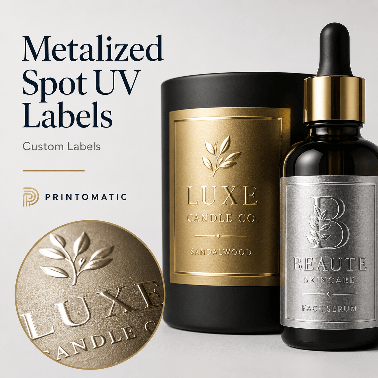 Custom metalized Spot UV labels with a reflective metallic finish and glossy raised highlights by Printomatic.