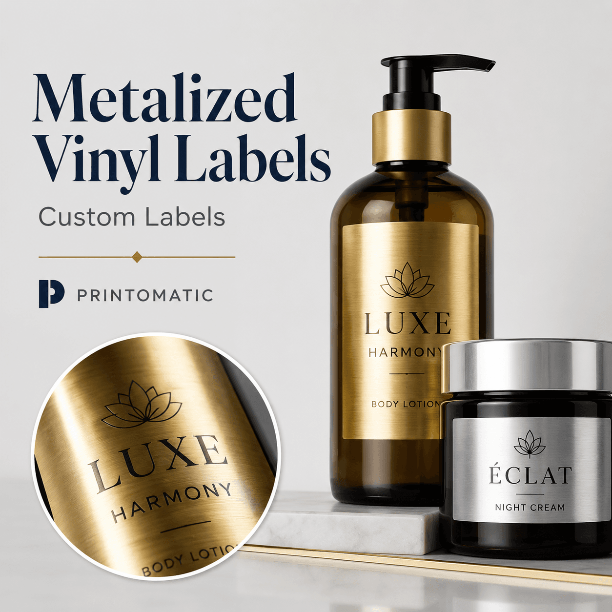 Custom metalized vinyl labels with a shiny metallic finish and vibrant full-colour printing by Printomatic.