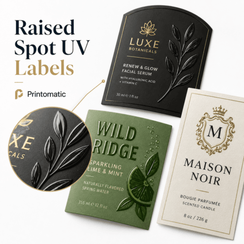 Custom raised Spot UV labels with glossy elevated details and a premium textured finish by Printomatic.