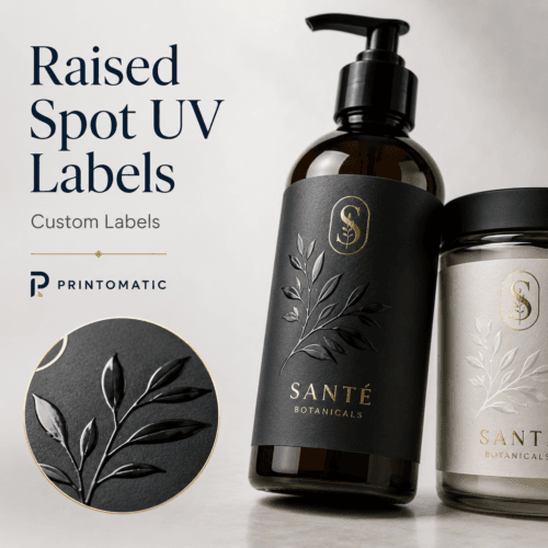 Custom raised Spot UV labels with glossy textured highlights on selected design areas by Printomatic.