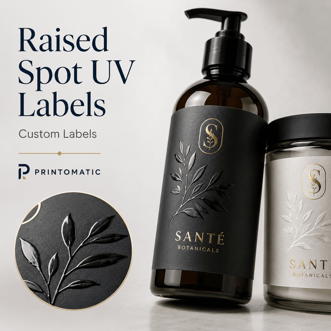 Custom raised Spot UV labels with glossy textured highlights on selected design areas by Printomatic.