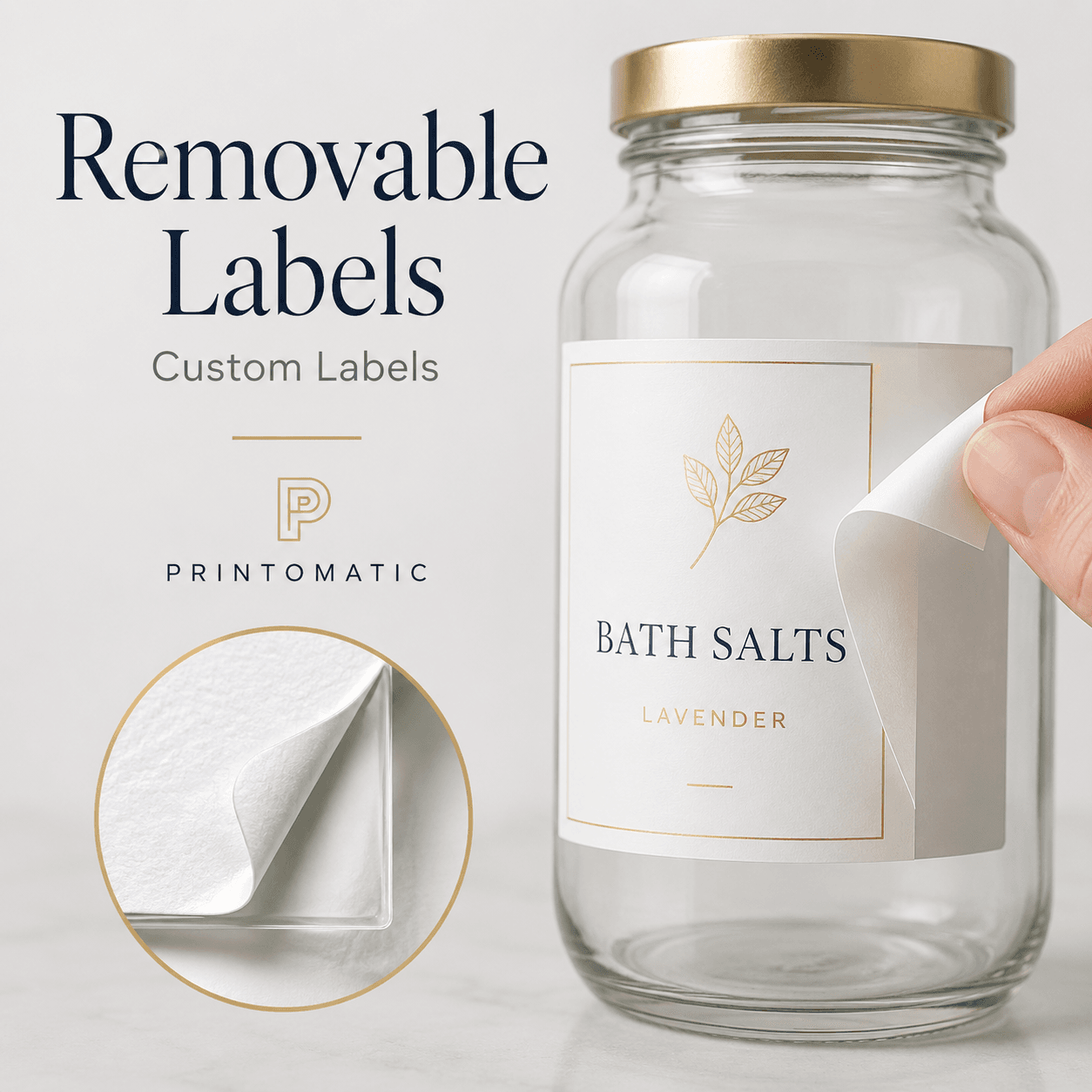 Custom removable labels with vibrant full-colour printing and easy-peel adhesive by Printomatic.