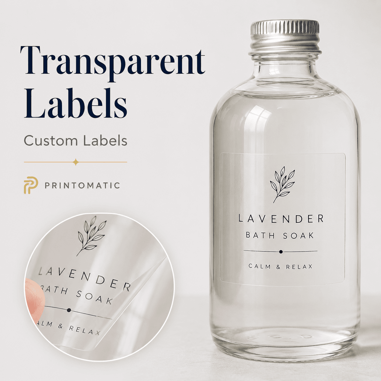 Custom transparent labels with clear adhesive material and vibrant full-colour printing by Printomatic.