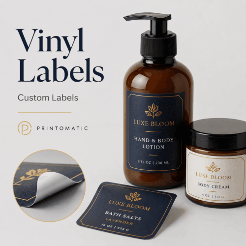 Custom full-colour vinyl labels printed on durable adhesive material by Printomatic.