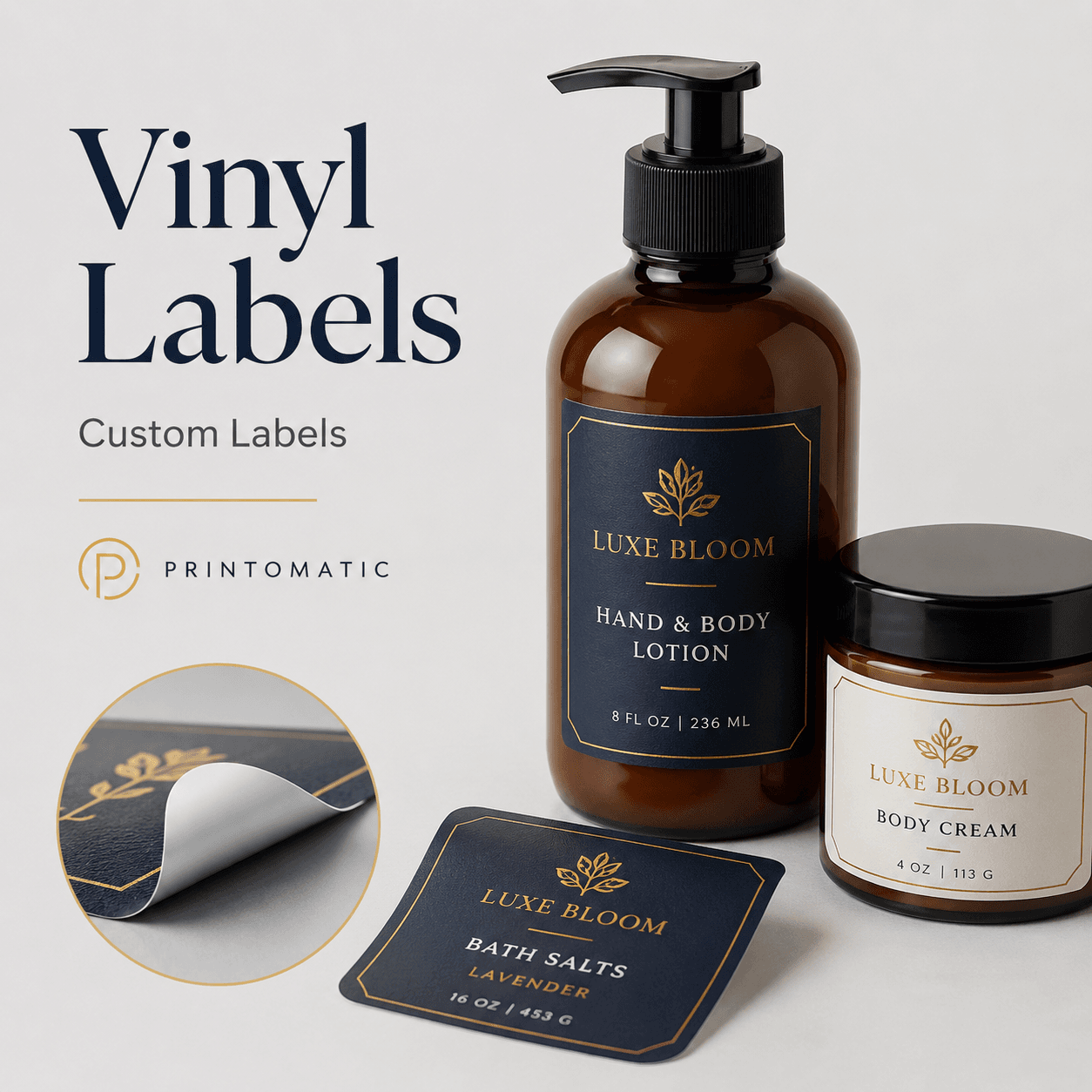 Custom full-colour vinyl labels printed on durable adhesive material by Printomatic.