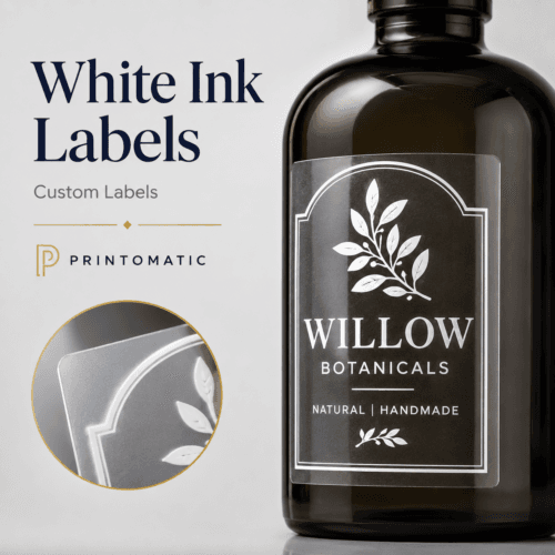 Custom clear labels printed with white ink and full-colour details for a premium branded finish by Printomatic.