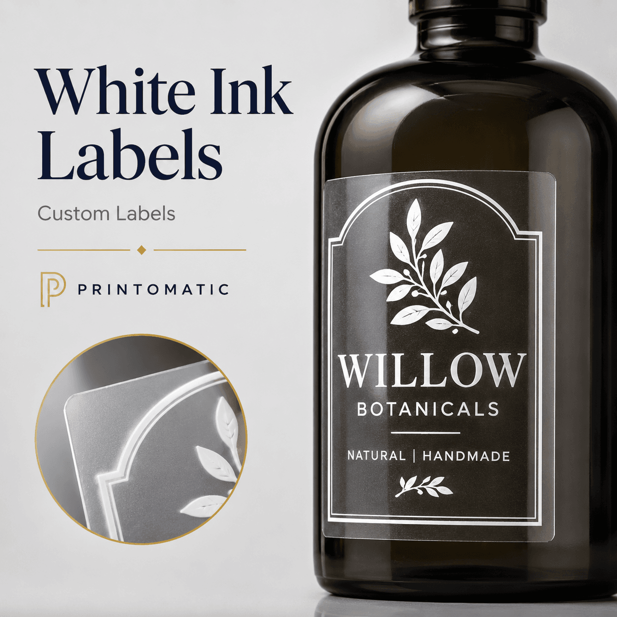 Custom clear labels printed with white ink and full-colour details for a premium branded finish by Printomatic.
