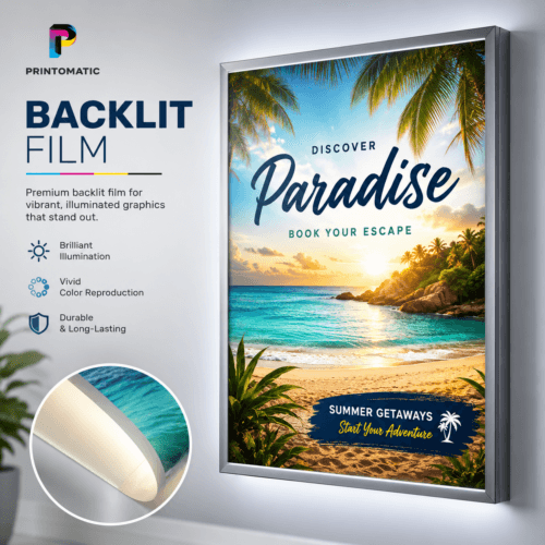 Custom backlit film printed in vibrant full colour for illuminated light boxes and indoor display signage by Printomatic.